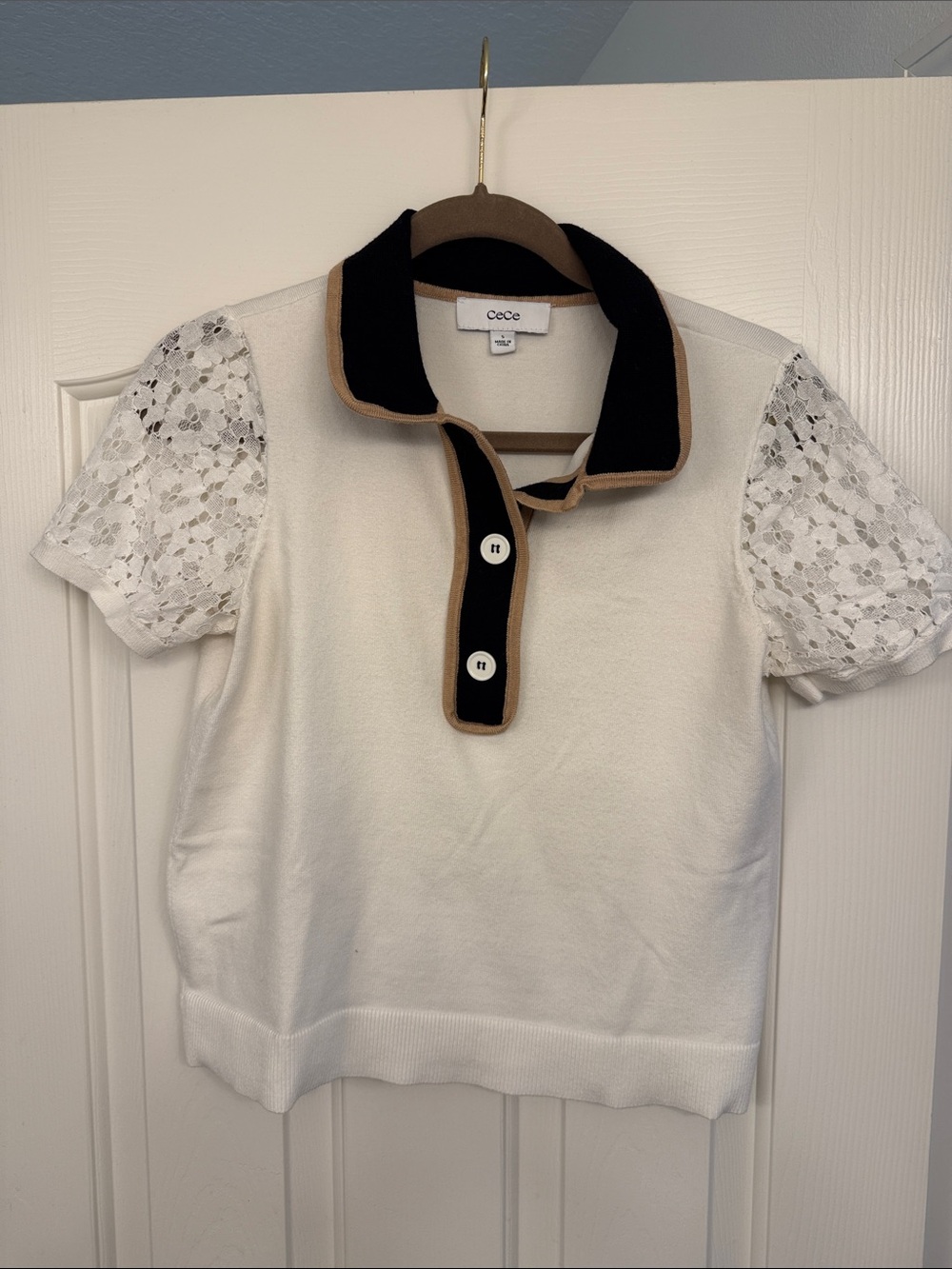 CeCe White Polo Top with Black Contrast Collar and Tan Trim